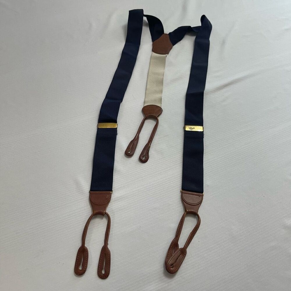 Dooney & Bourke VTG Navy Blue Leather Tabs Suspenders Braces
